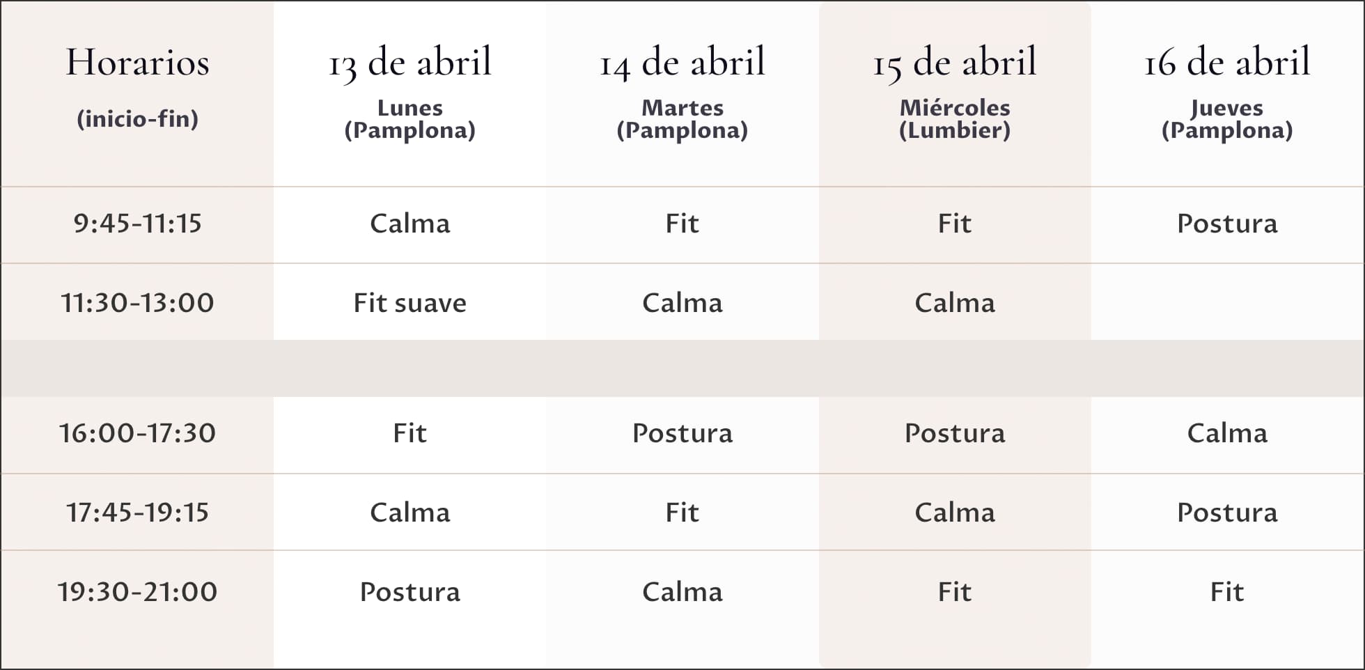 horarios de las clases presenciales de bodyfulness de prueba