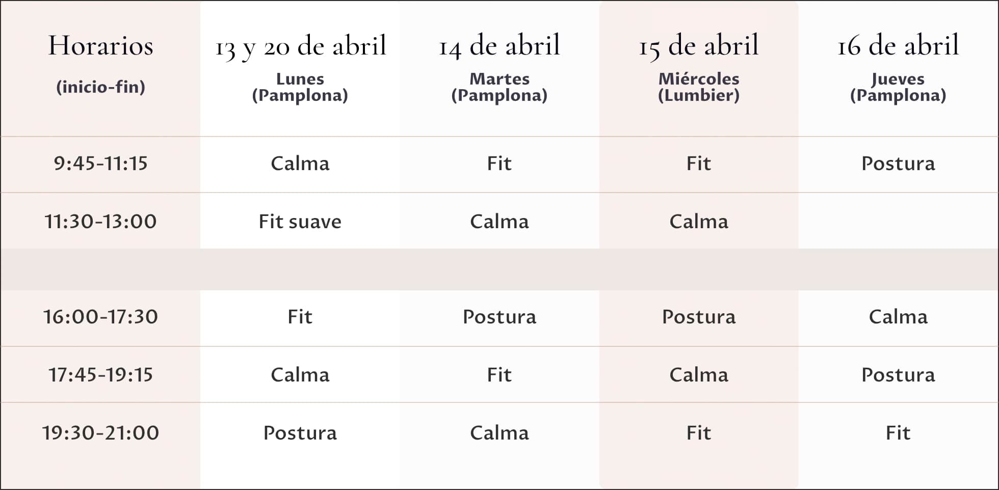 horarios de las clases presenciales de bodyfulness de prueba